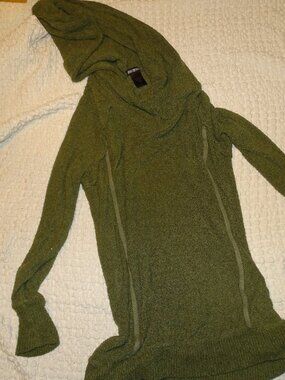 Y2K Miss Chievous Olive Green Fuzzy Hooded Sweater Tunic Long Sleeve Cozy Size L
